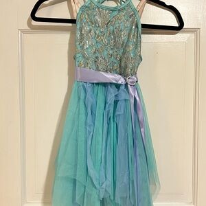 Elegant Aqua and Silver Dress with Ribbon Dance Costume